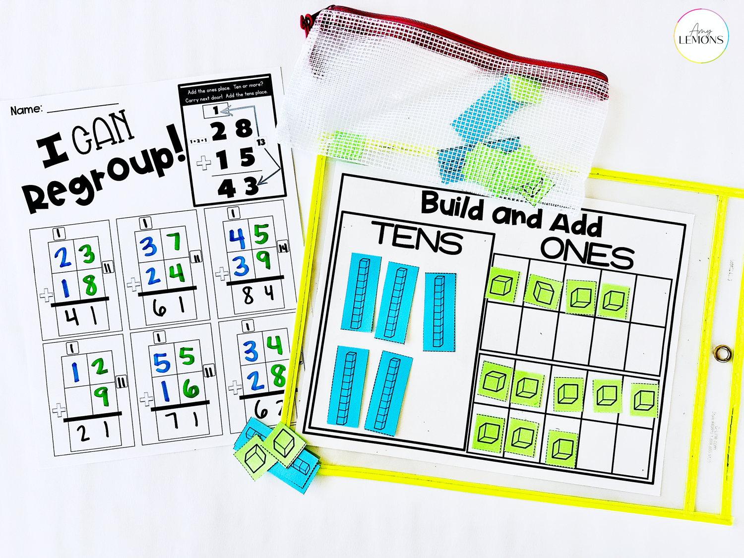 Base Ten Blocks printable activity to use as a tool for teaching addition with regrouping 