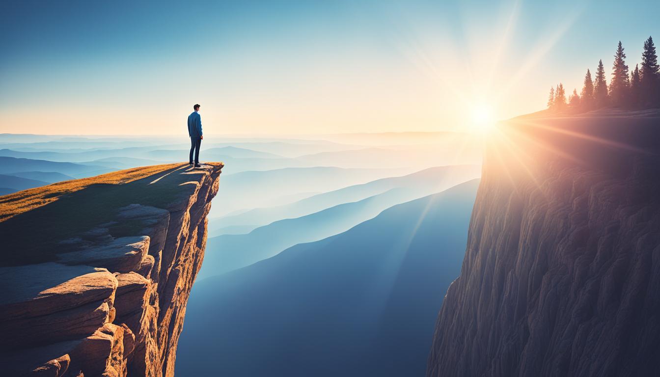 A person standing on the edge of a cliff, holding out their hand towards the vast open space in front of them. The person's face is serene and calm, yet focused on the task at hand. In the distance, a faint silhouette of another person is visible, slowly making their way towards the first person. A beam of light shines down from the sky onto the outstretched hand, making it glow with a radiant energy. The background is a soft gradient of blue and pink hues, signifying the harmonious energy of the universe.