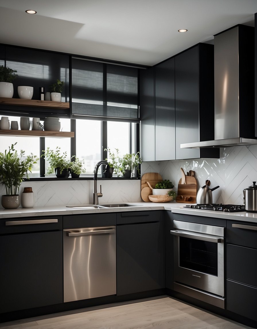 A modern kitchen with sleek dark gray cabinets in silhouette style