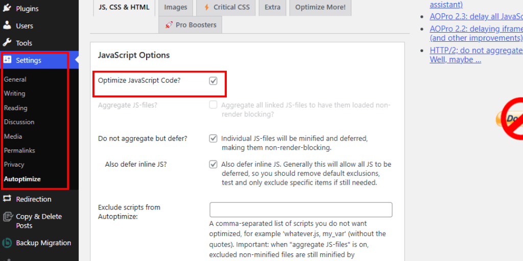Enable JavaScript Option from Autoptimize