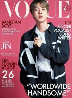 This contains an image of BTS Jin standing on top of a magazine cover with his hands in his pockets