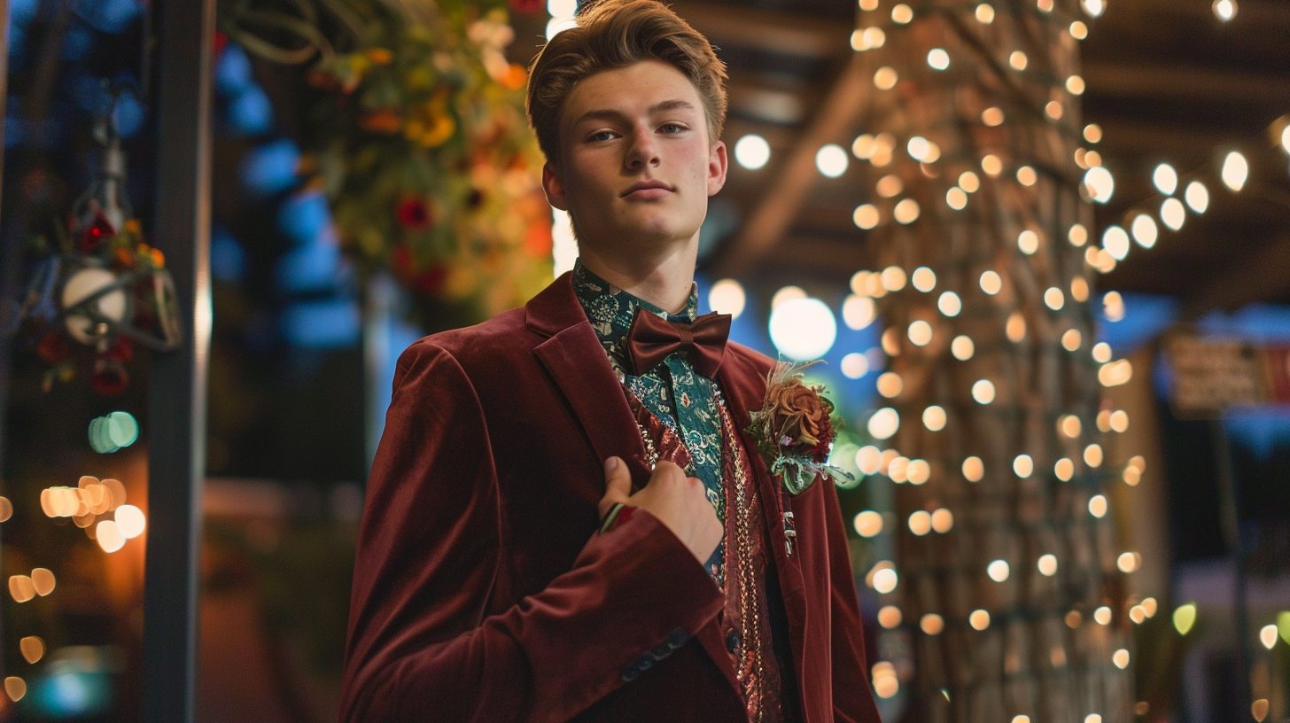 Teen guy wearing a bold, fashion-forward prom suit--velvet jacket, patterned blazer, or a slim-fit suit in a standout color like burgundy, emerald, or cobalt. Styled with sharp accessories like a boutonnière, tie, or chain. Confident pose at a prom venue with soft lighting and festive decor. Unique look that blends trend and personality, ready for prom night photos.