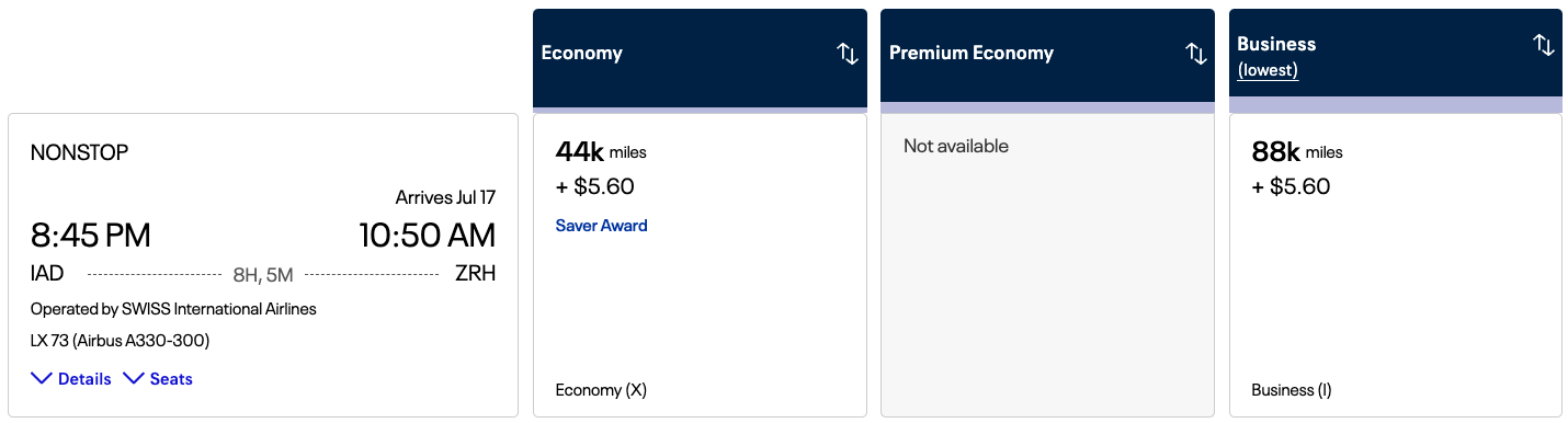 IAD to ZRH booked via SWISS