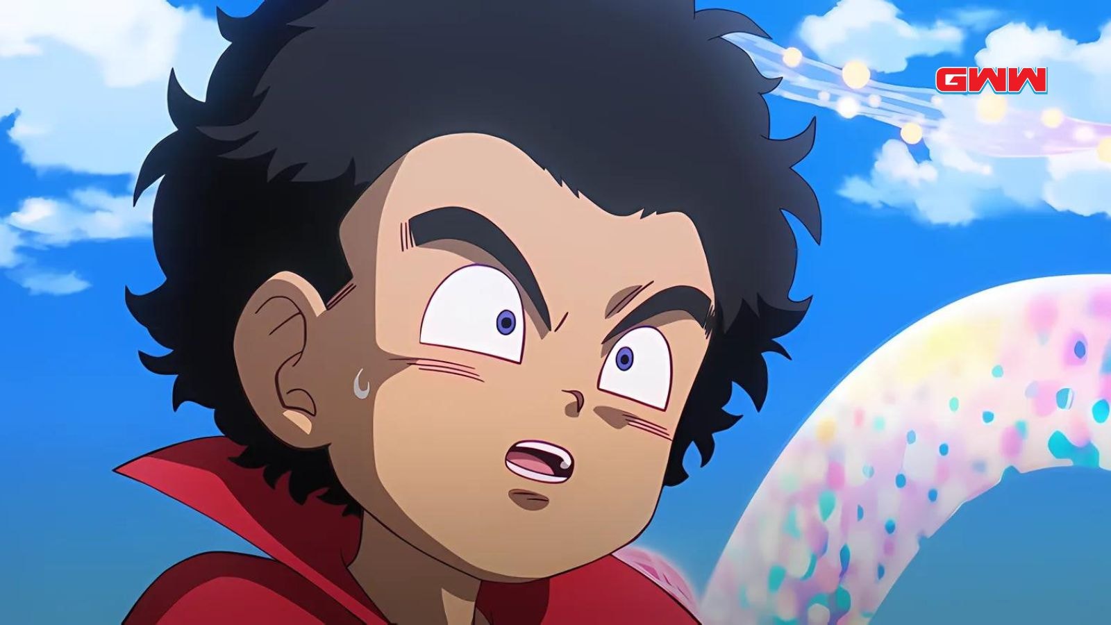 Gohan looking surprised, wearing a red jacket, bright sky in the background