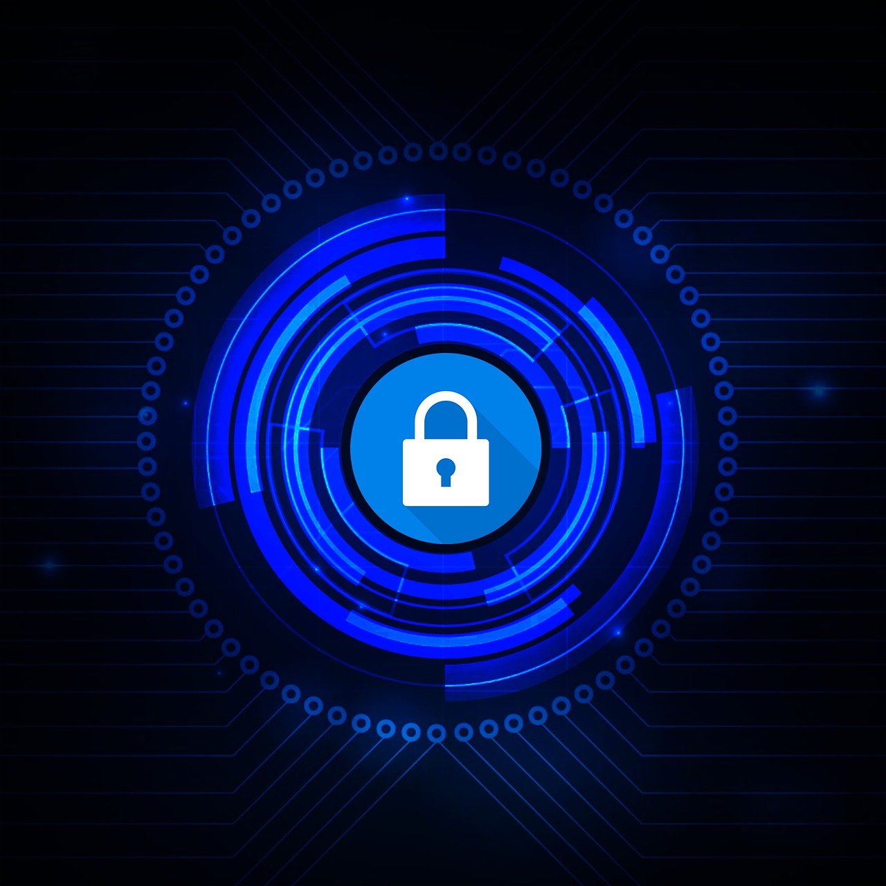 A digital image of a glowing blue padlock icon set within concentric circular patterns and surrounded by circuit-like lines.
