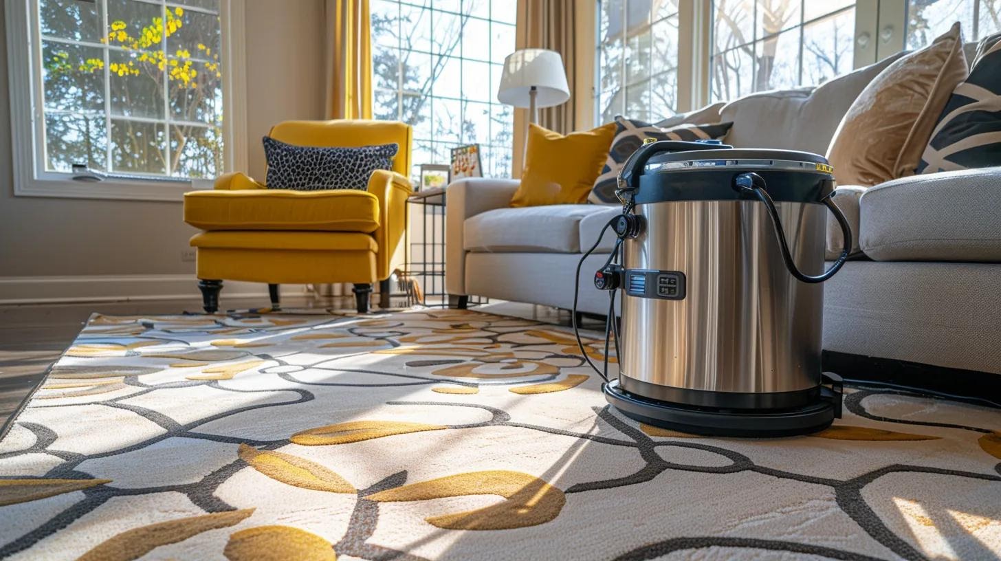 a bright, modern carpet cleaning technician demonstrates advanced hot water extraction techniques in a stylish, contemporary living room, showcasing the transformation of a heavily stained area rug into a pristine, inviting centerpiece.