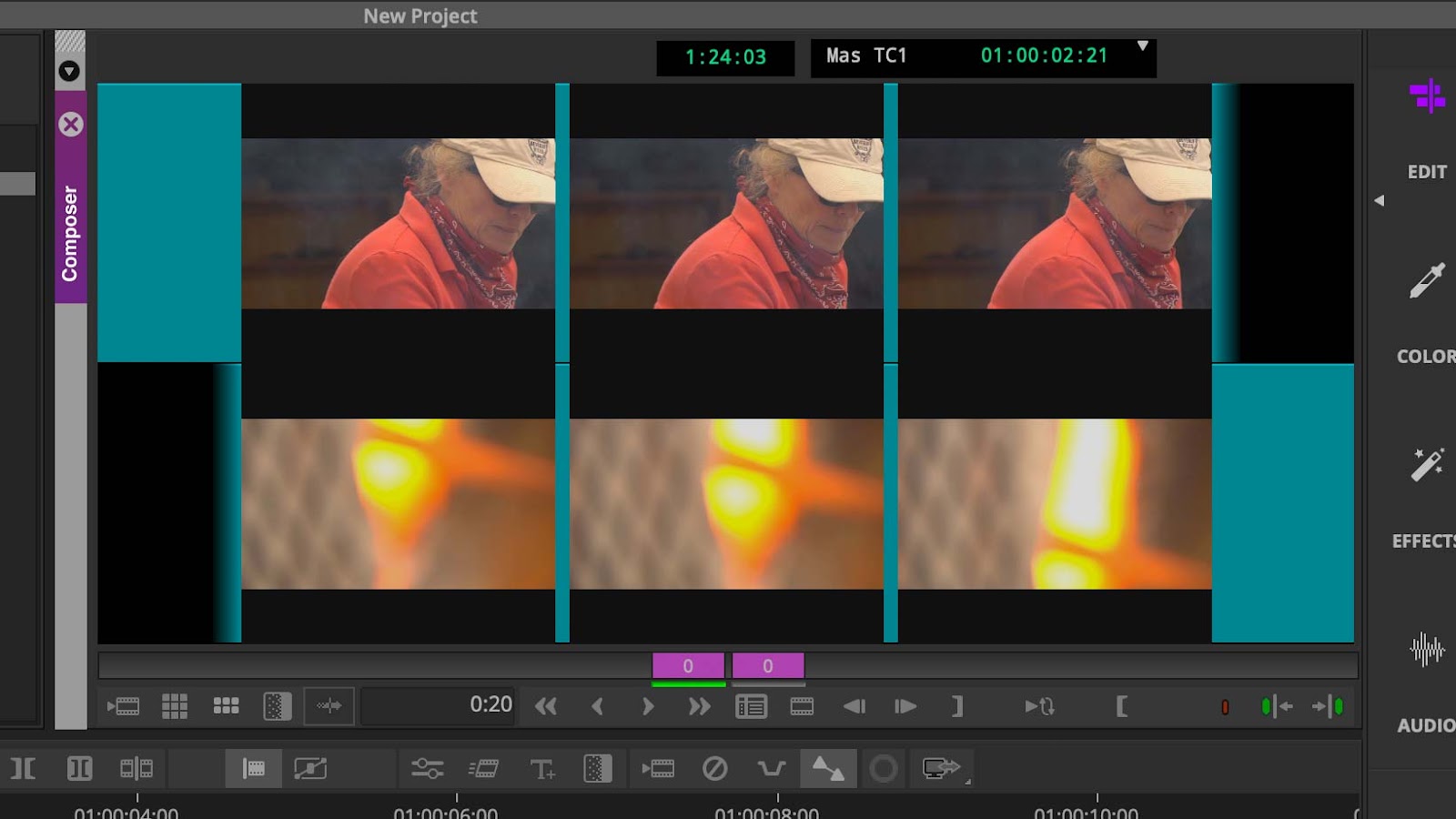 Composer window showing two rows of samples of frames that are visible simultaneously at one time code in the timeline.