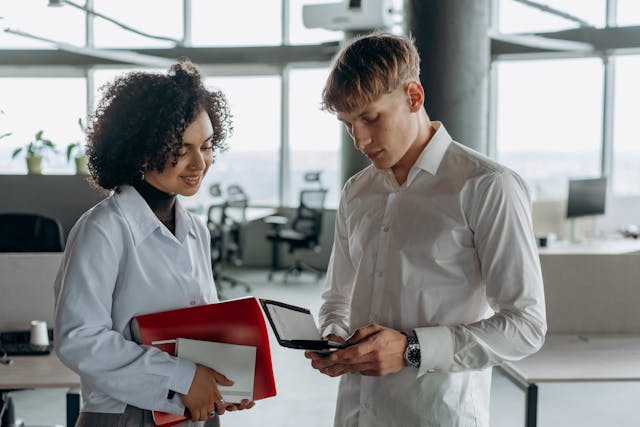 Employees talking to each other