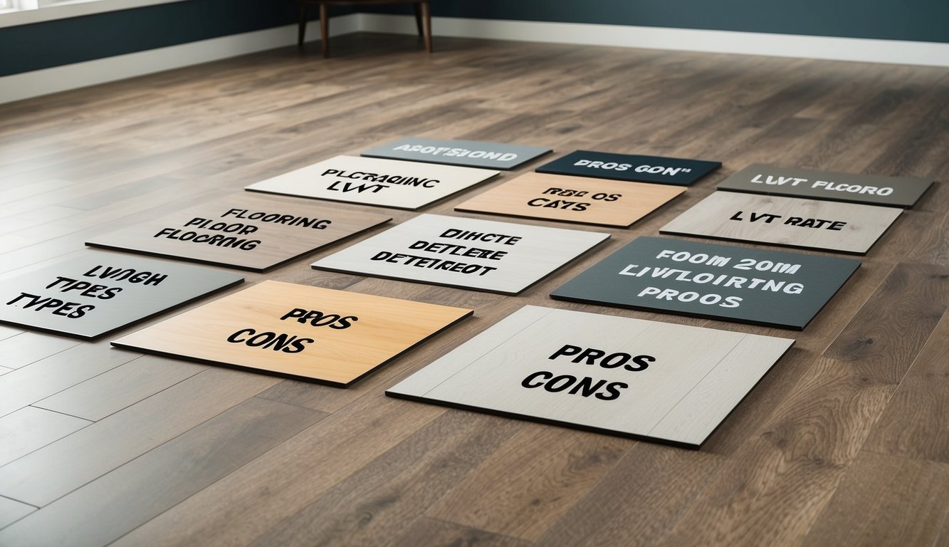 A room with various types of LVT flooring laid out, with pros and cons listed next to each type