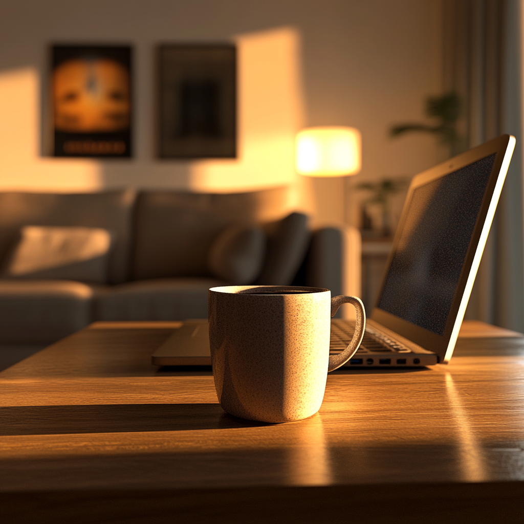 A cup of coffee near a laptop on a table | Source: Midjourney