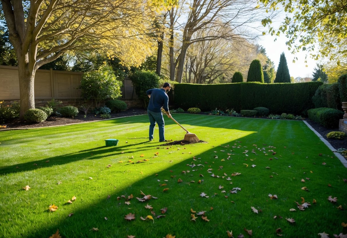 A serene backyard with a neatly trimmed lawn, surrounded by trees shedding their leaves. A person is seen raking the fallen leaves and applying fertilizer to the grass