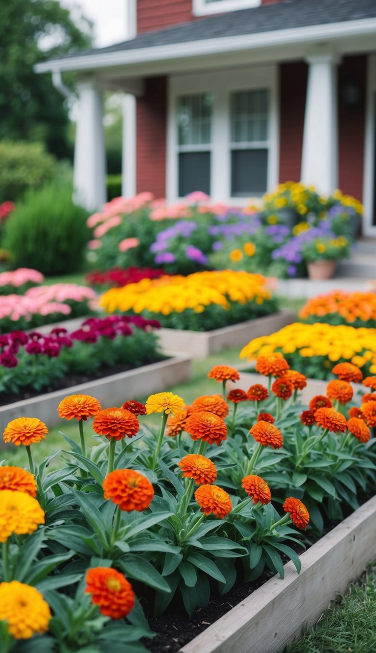 21 zinnias in flower beds in front of a house