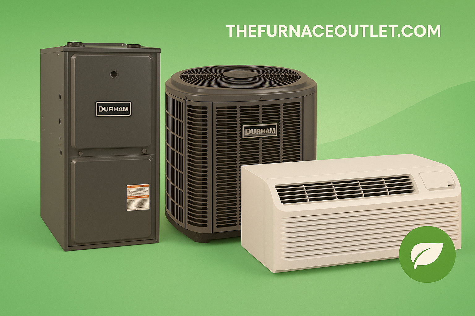 Energy-efficient furnace, air conditioner condenser, and eco-friendly PTAC unit on a clean green background with The Furnace Outlet branding, representing HVAC systems with lower environmental impact.

TheFurnaceOutlet.com
