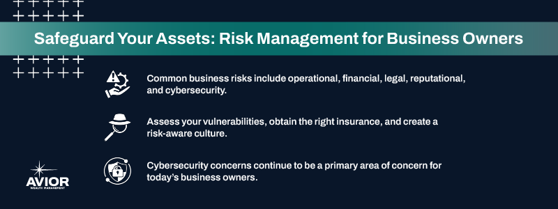 Key takeaways:

Common business risks include operational, financial, legal, reputational, and cybersecurity.
Assess your vulnerabilities, obtain the right insurance, and create a risk-aware culture.
Cybersecurity concerns continue to be a primary area of concern for today’s business owners.
