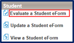 Evaluate a Student eForm link emphasized with red box highlight.