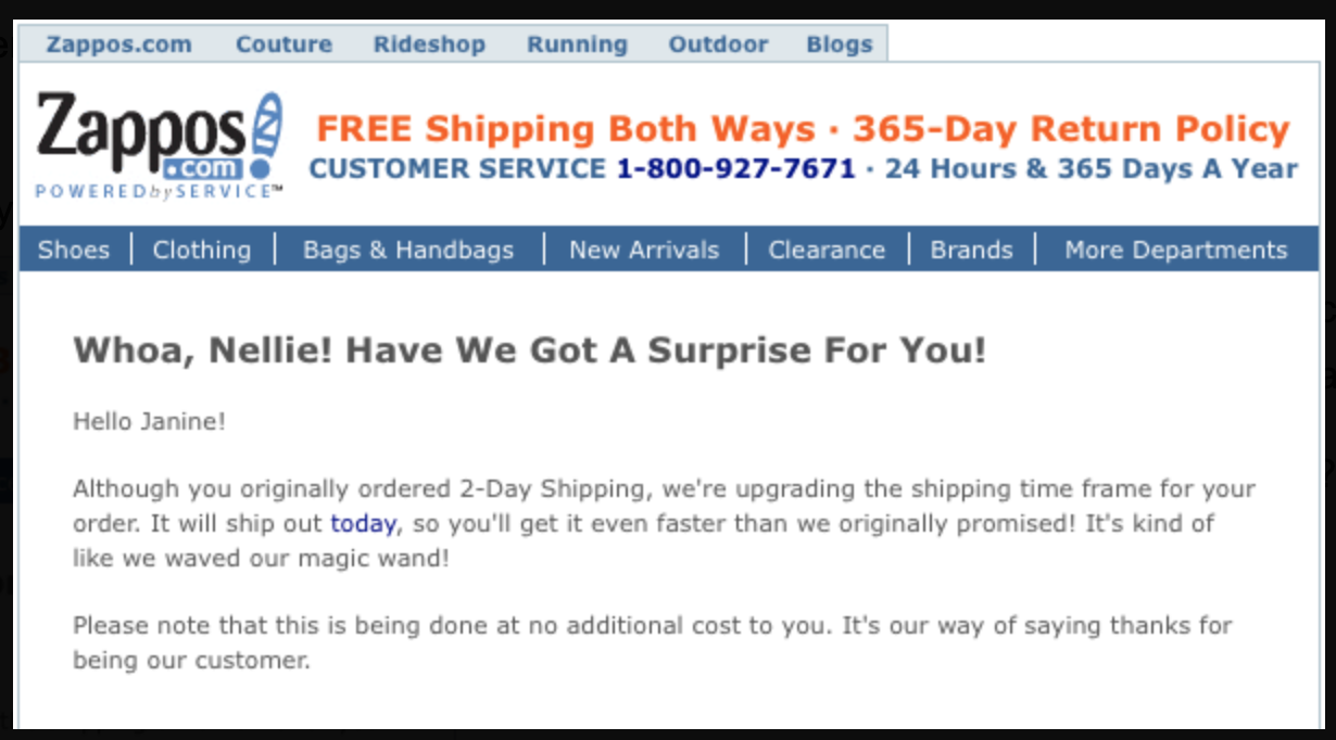 Example of Zappos' customer service email