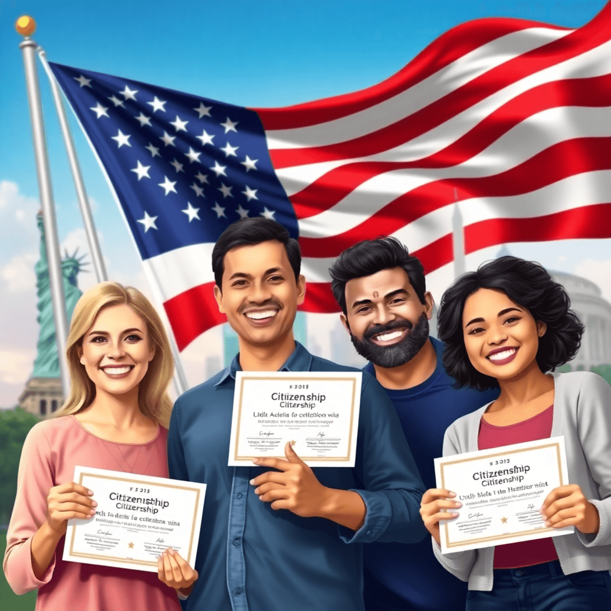 Uma bandeira americana abana orgulhosamente na frente de um grupo alegre celebrando sua cidadania, segurando certificados com marcos icônicos ao fundo.