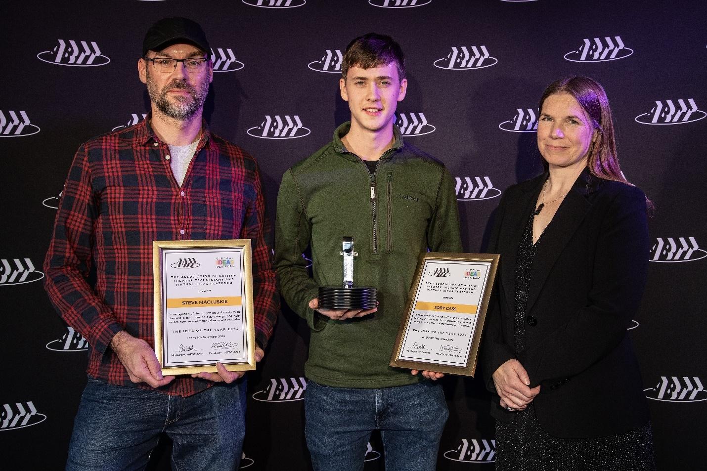 The two winners of the ABTT Virtual Ideas Platform 2024, Steve Macluskie and Toby Cass holding their certificates and award next to ABTT CEO Liz Sillett