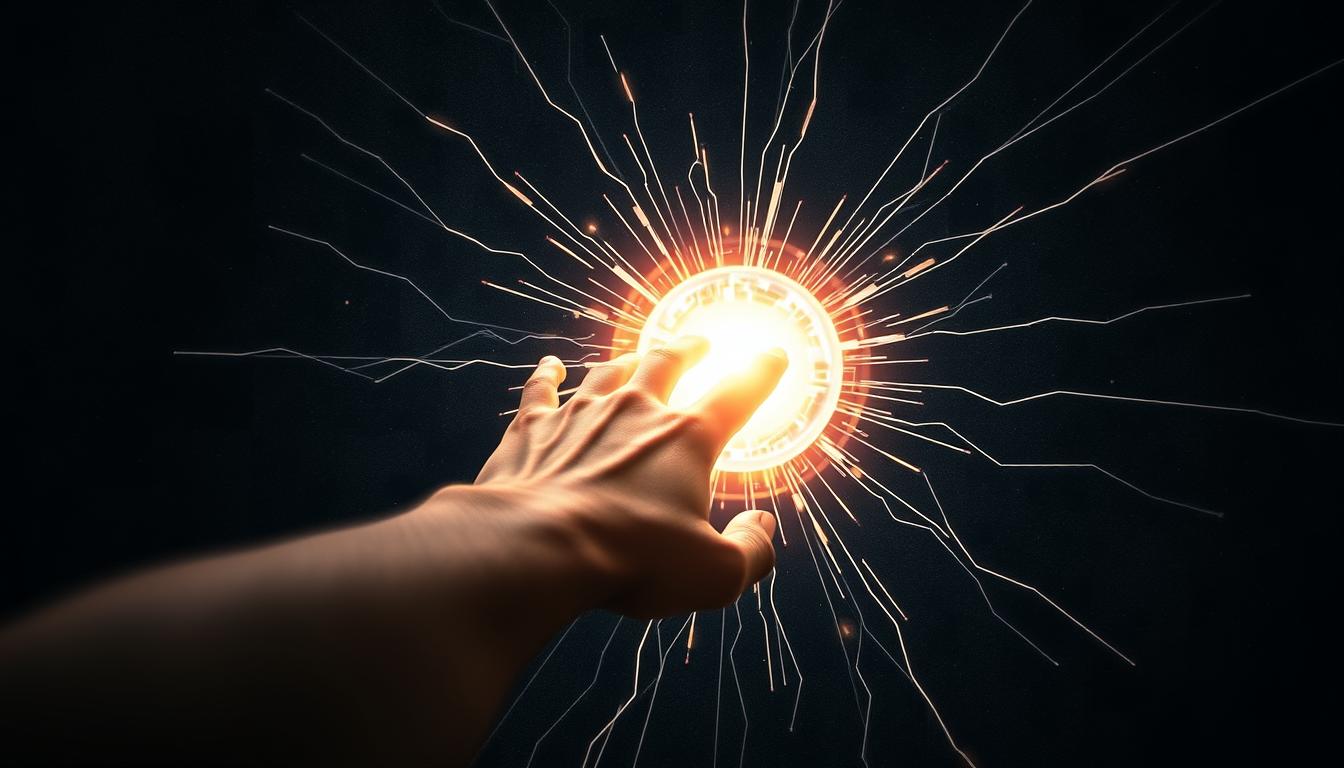 An image that conveys the idea of manifesting something quickly by showing a hand reaching out towards a glowing ball of light surrounded by streaks of energy. The hand should be positioned in a confident and determined manner, as if reaching out to grasp the manifestation. The background can be dark and textured, with faint symbols or patterns layered over it to suggest the workings of the universe. The overall feeling of the image should be one of power, focus, and swift action.