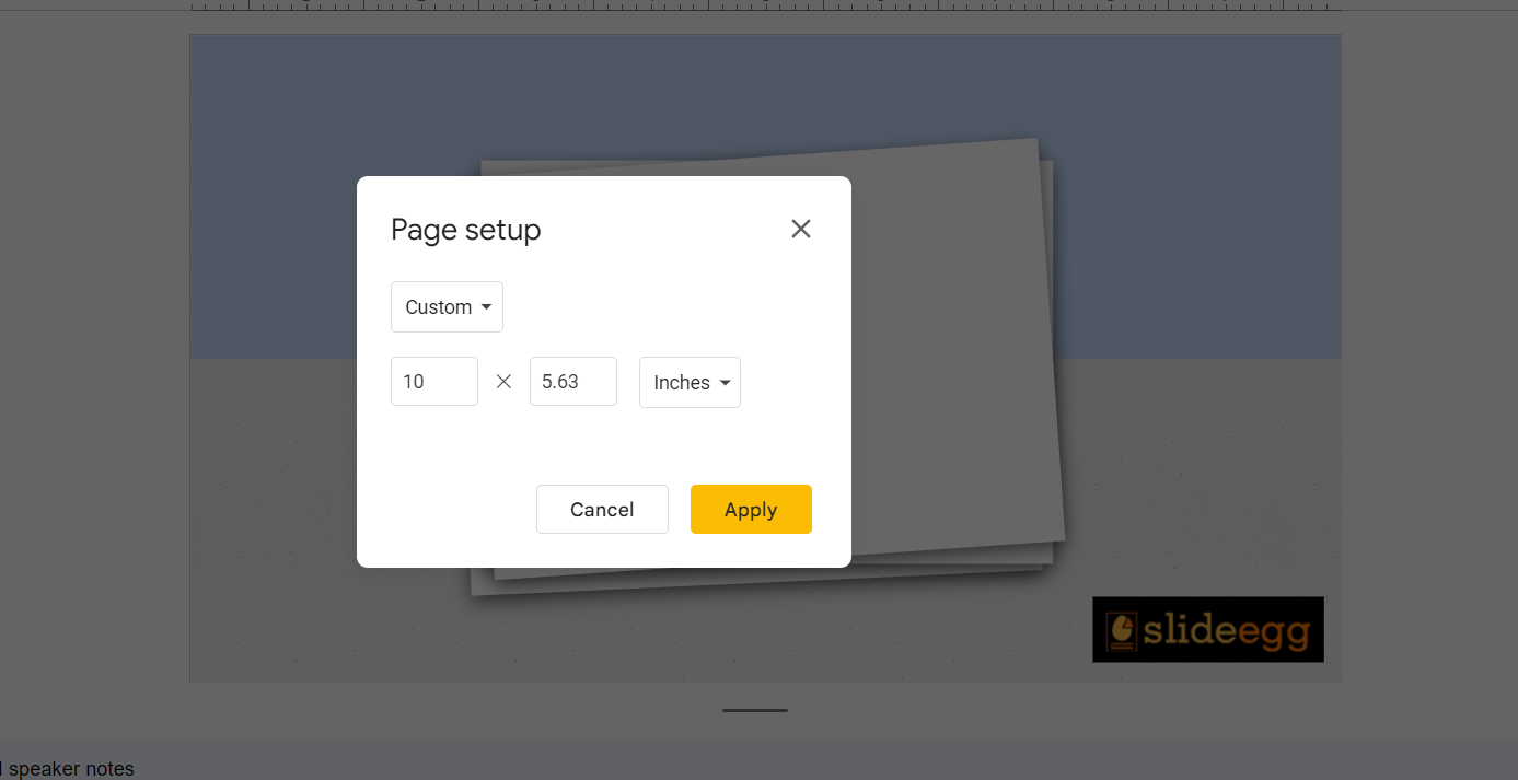 Changing the orientation of Google Slides using Page Setup menu.