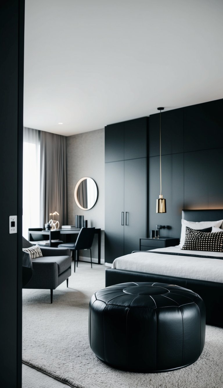 A black leather ottoman sits in a modern black and gray bedroom, surrounded by sleek furniture and minimalist decor