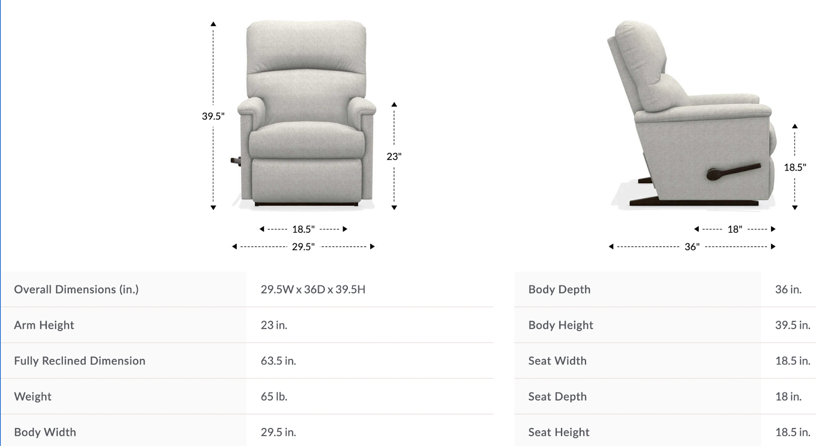 collage rocking recliner dimensions