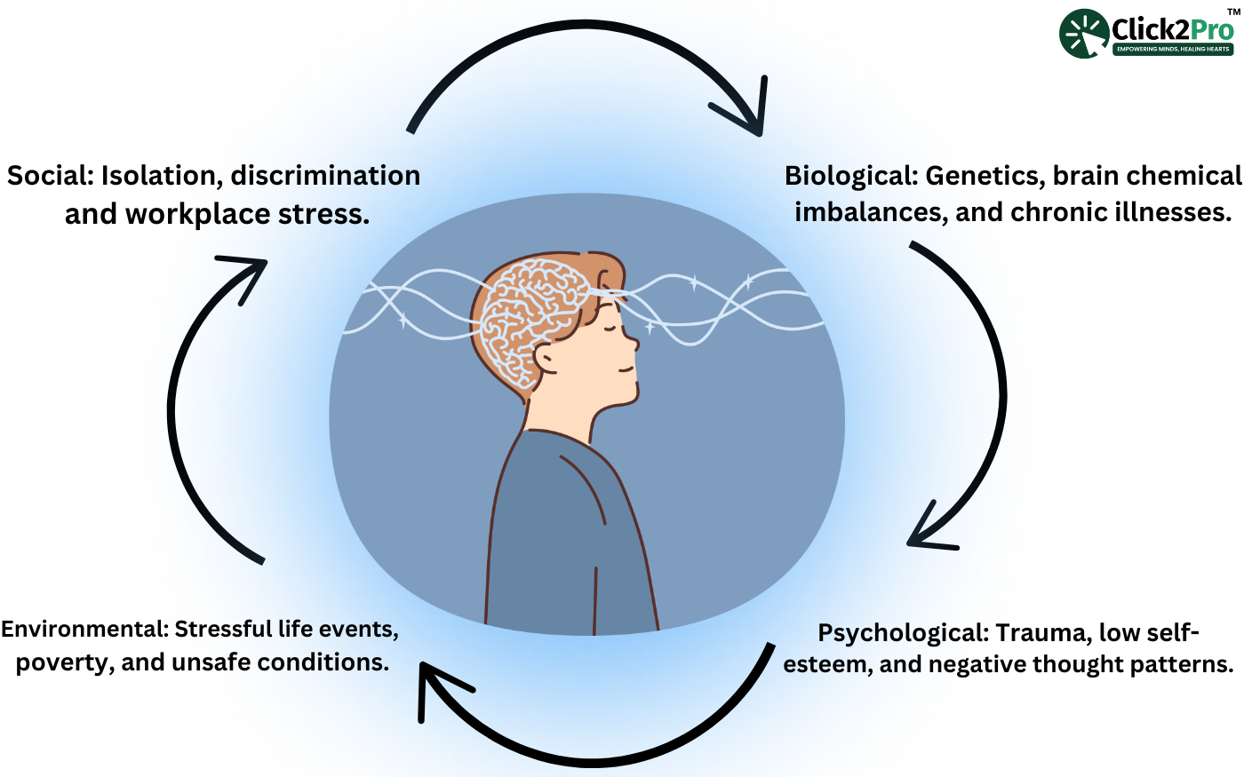 Visual representation of causes of mental health issues: biological, psychological, social, environmental.