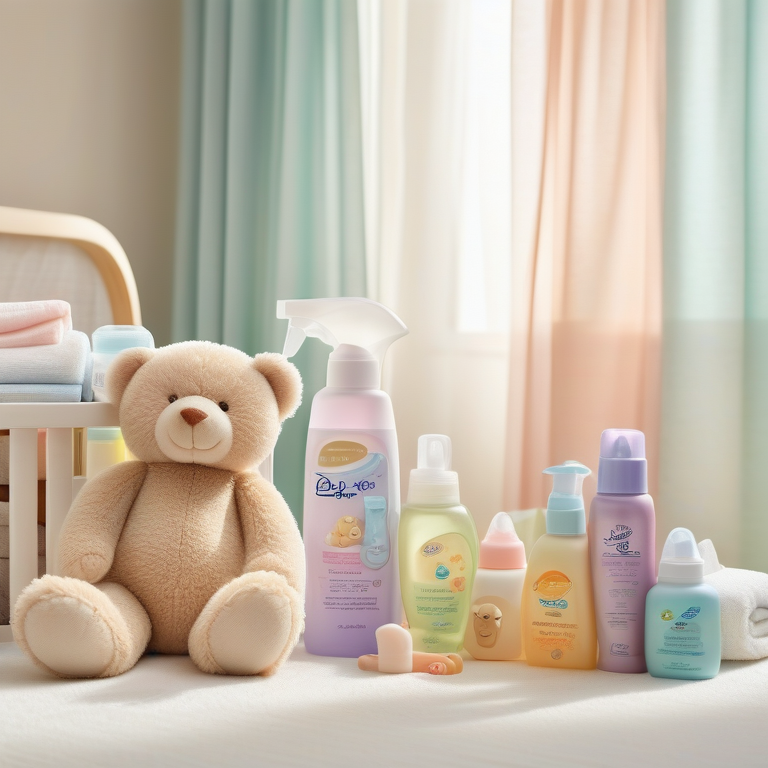 Assorted baby care items and a plush teddy bear bask in the warm sunlight on a pastel backdrop.