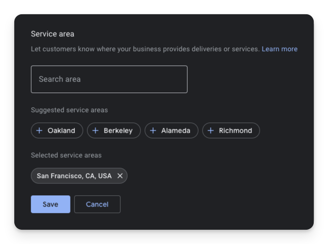 adding suggested areas in google business profile