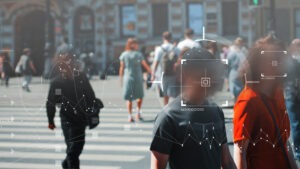 Face recognition and personal identification technologies in street surveillance cameras, law enforcement control. crowd of passers-by with graphic elements. Privacy and personal data protection