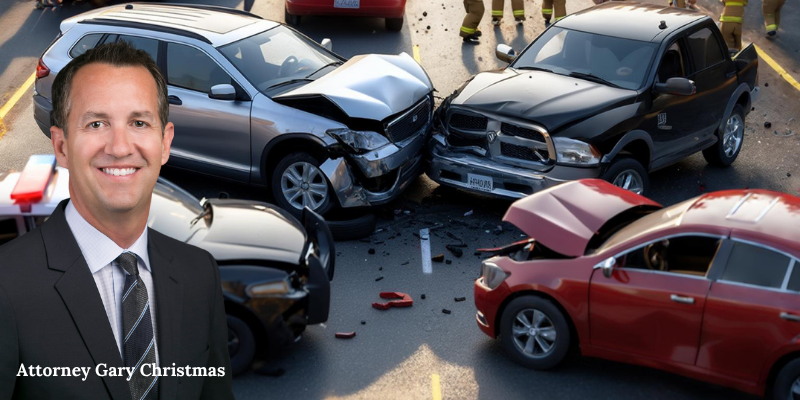 Personal Injury Lawyer Gary Christmas in front of a multi car accident scene.