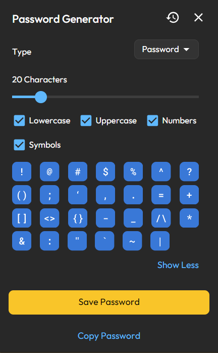 Screenshot showing the new password generator functionalities.