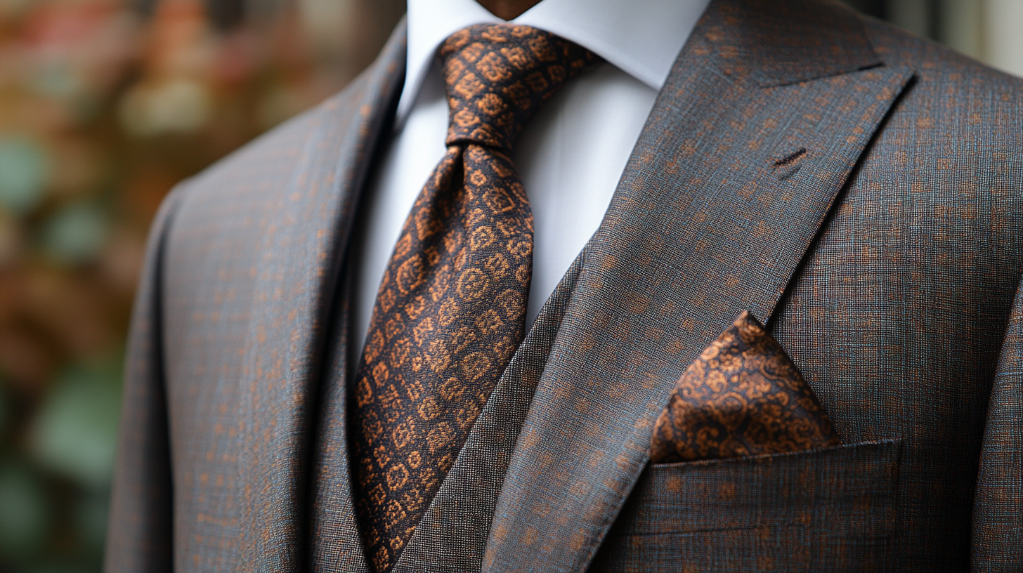 
A sophisticated suit ensemble featuring a pocket square that complements, rather than matches, the tie. The tie has a bold, intricate pattern, while the pocket square is solid or subtly textured in a coordinating color that enhances the overall look. The image highlights the balance between the bold tie and the simple, elegant pocket square, creating visual interest without overwhelming the outfit. The setting is stylish and minimalist, with soft lighting emphasizing the contrast and harmony between the accessories.