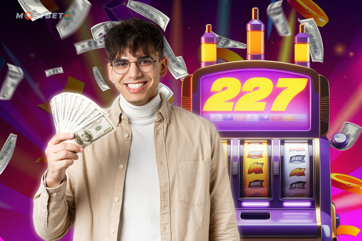 A man stands in front of a slot machine, confidently holding a stack of cash in his hands.