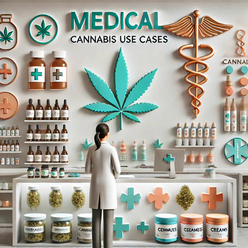 Medical cannabis use cases picture showing medical symbols and cannabis.  Budtender training on cannabis and it's uses.