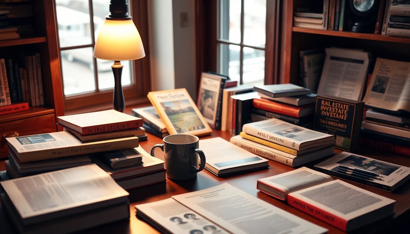 A cozy home office with real estate investment books, a desk lamp, and a cup of coffee.