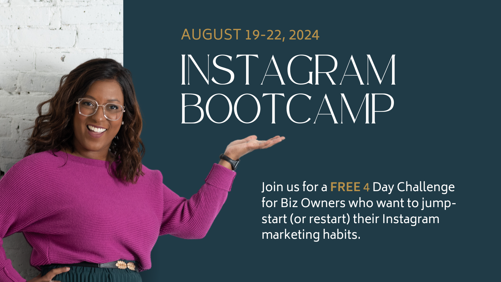 a young Black woman in a purple sweater and high-waisted skirt. graphic reads, "Join us for a free 4-day challenge for biz owners who want to jump-start (or restart) their Instagram marketing habits