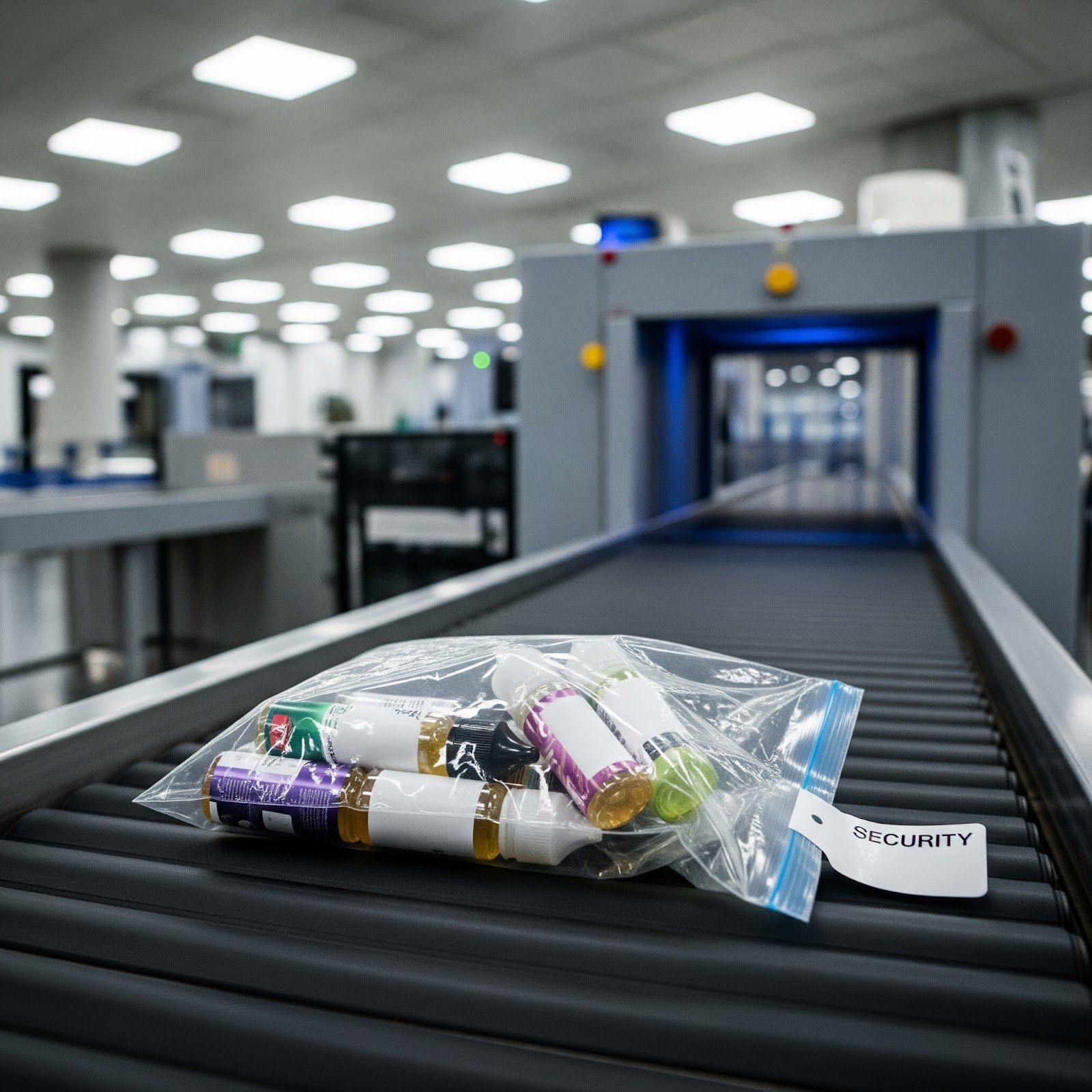 A picture of e-liquids in a clear bag at a terminal going through border security check. The bottles have no branding on them