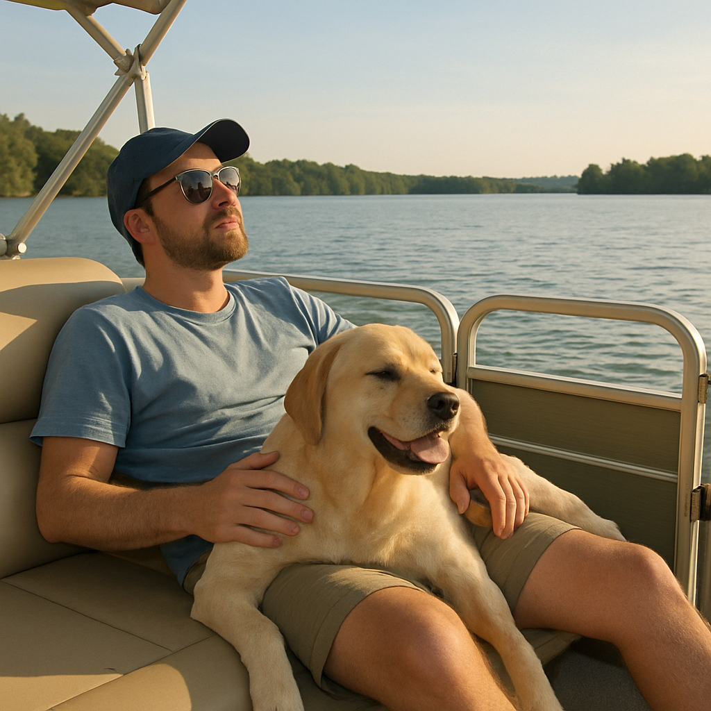 Relaxing with a dog on a pontoon boat