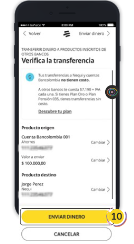 Pantalla de ejemplo de la App Bancolombia con el paso de verificar una transferencia a productos inscritos