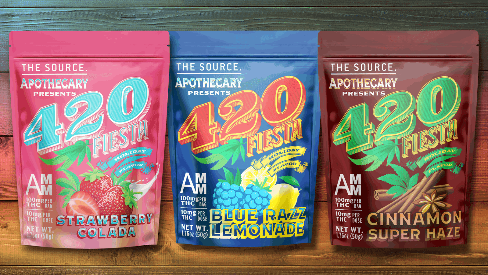 Image depicts the line-up of New Limited-Edition 420 Fiesta Flavors at The Source Apothecary in Rogers, Arkansas. The 3 packages of cannabis-infused THC gummies are brightly colored and read the words 420 Fiesta.The 3 new flavors are Strawberry Colada, Blue Razz Lemonade, and Super Cinnamon Haze.