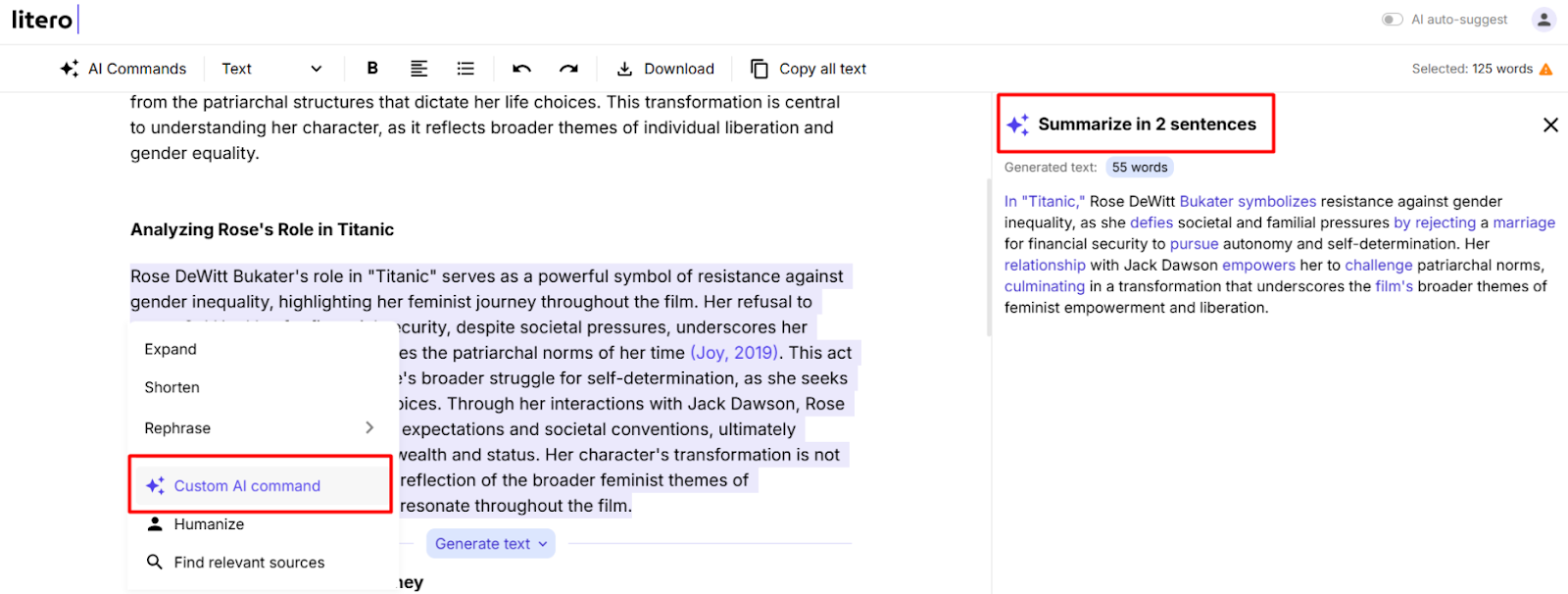 Litero AI's interface highlighting AI summarizer tool with an option to summarize selected text into two sentences.