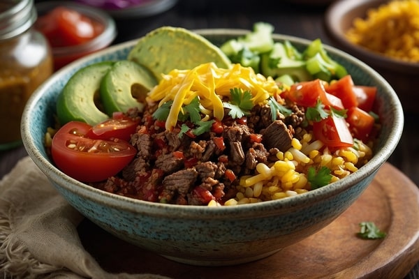 A flavorful taco bowl featuring seasoned beef, corn, avocado slices, shredded cheese, diced tomatoes, and cilantro