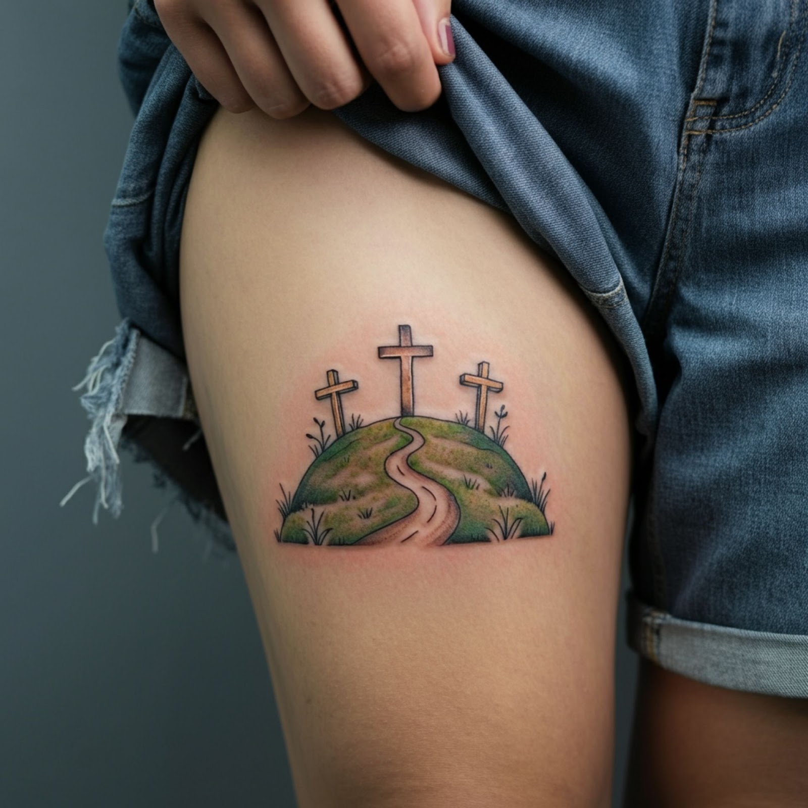 Three Crosses on a Hill with a Crossroad Path Tattoo