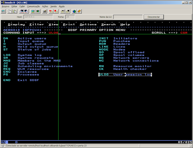 Tela de acesso à console via ULOG no mainframe