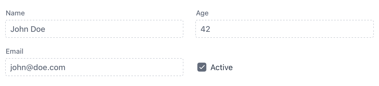 The image shows a simple form layout with fields for "Name," "Age," "Email," and a checkbox labeled "Active."