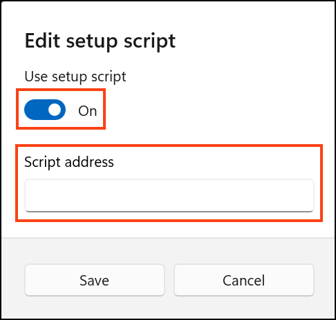 Editing proxy setup script and script address in Windows 11.