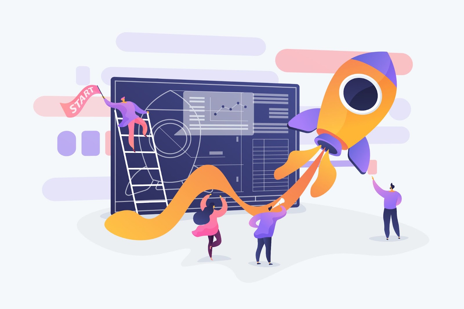 (Illustration of a group of people working on a rocket launch project, boosting team collaboration and productivity, with a large blueprint in the background and a "Start" sign.)
