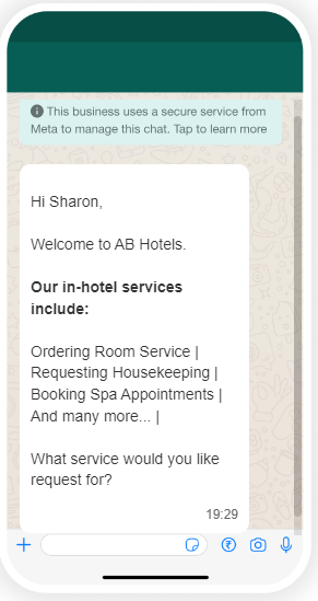 In-hotel services message list to choose from a Hotel to a guest on WhatsApp.