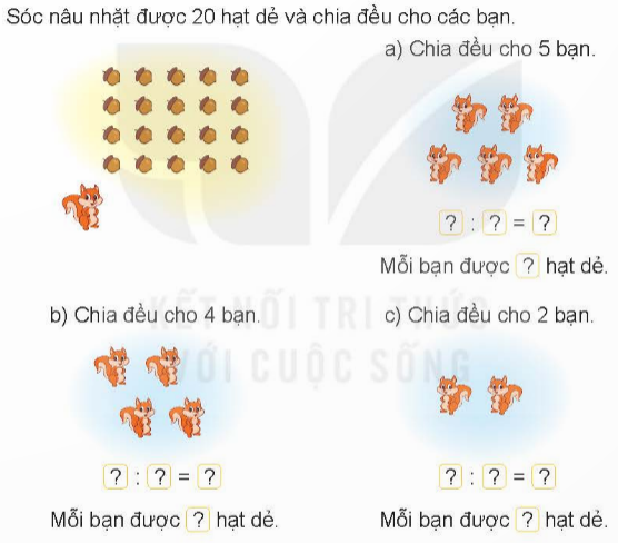 BÀI 41 PHÉP CHIAI.HOẠT ĐỘNGCâu 1: Chọn phép tính thích hợp. Đáp án chuẩn:Câu 2: Với mỗi phép nhân, viết hai phép chia (theo mẫu).Đáp án chuẩn:a) 2 × 4 = 8 c) 5 × 8 = 40    8 : 2 = 4   40 : 5 = 8    8 : 4 = 2   40 : 8 = 5b) 2 × 7 = 14 d) 5 × 3 = 15    14 : 2 = 7     15 : 5 = 3    14 : 7 = 2     15 : 3 = 5II.LUYỆN TẬP